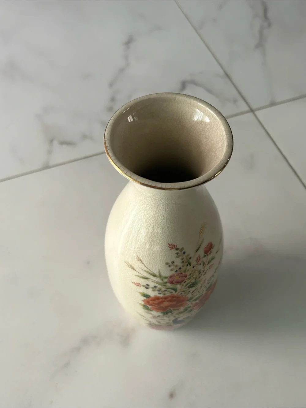 Cream Floral Ceramic Vase with Orange and Multicolor Motif
